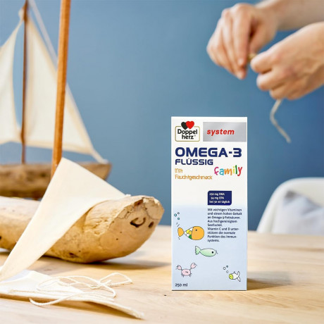 Doppelherz system Omega-3 Family flussig mit Fruchtgeschmack, Доппельгерц ОМЕГА-3 из морской рыбы + Витамины A, C, D и B12, сироп с фруктовым вкусом для детей с 4-х лет и взрослых, 250 мл x 2 штуки