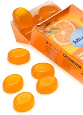 Mivolis Bonbon, Sanddorn-Orange, zuckerfrei Миволис пастилки от горла облепиха-апельсин с Витамином С и экстрактом 18 трав, без сахара, 50 г