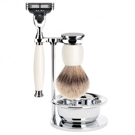 Muhle SOPHIST 4-tlg. Silberspitz Rasier-Set mit Seifenschale Griffe weisses Porzellan СОФИСТ 4 шт. Набор для бритья Silvertip с ручками для мыльниц из белого фарфора