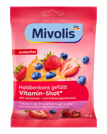 Mivolis Bonbon, Halsbonbons Vitamin-Shot Heidelbeere-Erdbeere, gefuellt, zuckerfrei, 75 g, Леденцы для горла Vitamin-Shot с витаминной начинкой, черника и клубника, без сахара, 75 г