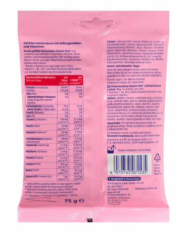 Mivolis Bonbon, Halsbonbons Vitamin-Shot Heidelbeere-Erdbeere, gefuellt, zuckerfrei, 75 g, Леденцы для горла Vitamin-Shot с витаминной начинкой, черника и клубника, без сахара, 75 г