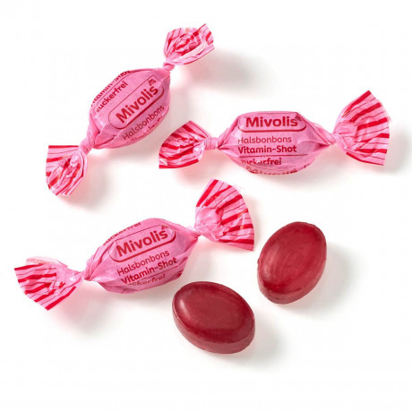 Mivolis Bonbon, Halsbonbons Vitamin-Shot Heidelbeere-Erdbeere, gefuellt, zuckerfrei, 75 g, Леденцы для горла Vitamin-Shot с витаминной начинкой, черника и клубника, без сахара, 75 г