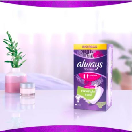 always Slipeinlage Flexistyle Slim Fresh BigPack 74 St, Прокладки Ежедневные тонкие Flexistyle с ароматом свежести 74 штуки, 2 упаковки (148 штук)