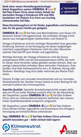 Doppelherz system OMEGA-3 Gel-Tabs family Erdbeer-Citrus, 60st, Омега-3 из морской рыбы + витамин D, жевательные мармеладки со вкусом клубники и цитрусовых для детей от 4-х лет и взрослых, 60 шт