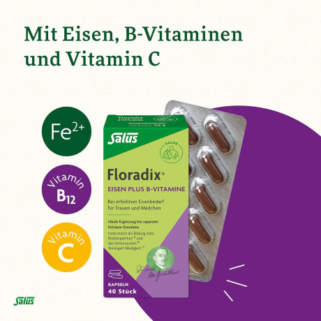 Salus Floradix Eisen plus B-Vitamine 40st, Витаминный Комплекс для женщин с железом и B (Германия), веган, без глютена, 40 капсул