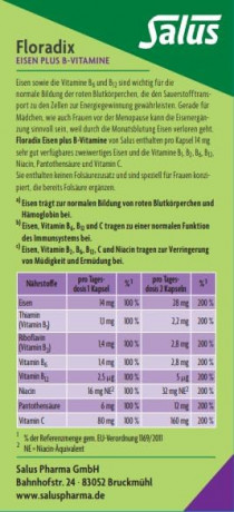 Salus Floradix Eisen plus B-Vitamine 40st, Витаминный Комплекс для женщин с железом и B (Германия), веган, без глютена, 40 капсул