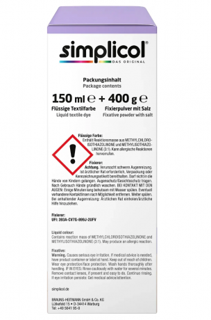 Simplicol Textilfarbe intensiv Miss Lavendel, Краска для ткани лавандовая фиолетовая Miss Lavendel интенсивная, жидкая, для стиральной машины 40C, 150 мл + фиксатор 400 г