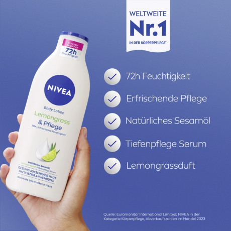 NIVEA Body Lotion Lemongrass & Pflege, 400 ml, Нивеа Лосьон для тела, кунжутное масло и аромат лемонграсса, 72ч увлажнение, 400 мл