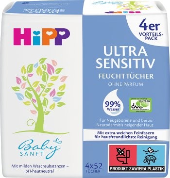 Hipp Babysanft Ultra Sensitive Нежные Влажные очищающие салфетки для детей, без запаха, 4 упаковкиx 52шт, 208 штук