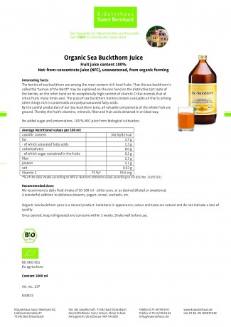 Krauterhaus Sanct Bernhardt Sea Buckthorn Juice, 1 литр