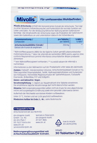 Mivolis Artischocke Tabletten 30 St, 18 g, Артишок для переваривания жиров и поддержки функции печени и желчного пузыря, 30 таблеток, 18 г