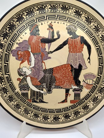 Тарелка декоративная винтажная "Боги Олимпа", в золотисто-черных тонах, керамика, 32.5 см, Греция, 1970-80гг.