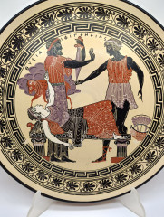 Тарелка декоративная винтажная &quot;Боги Олимпа&quot;, в золотисто-черных тонах, керамика, 32.5 см, Греция, 1970-80гг.