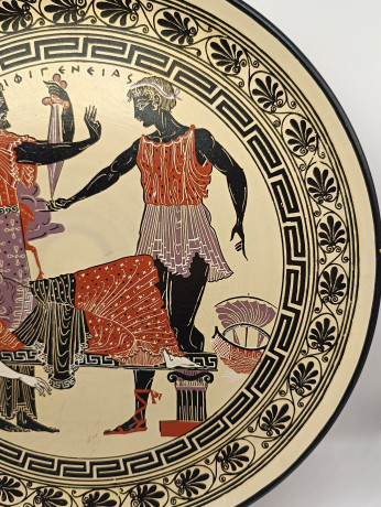 Тарелка декоративная винтажная "Боги Олимпа", в золотисто-черных тонах, керамика, 32.5 см, Греция, 1970-80гг.