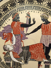 Тарелка декоративная винтажная &quot;Боги Олимпа&quot;, в золотисто-черных тонах, керамика, 32.5 см, Греция, 1970-80гг.