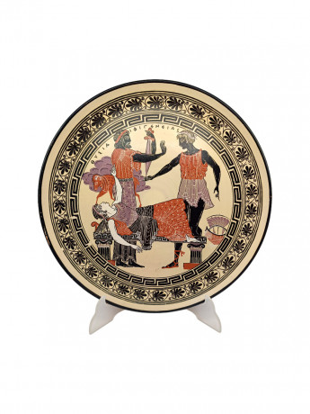 Тарелка декоративная винтажная "Боги Олимпа", в золотисто-черных тонах, керамика, 32.5 см, Греция, 1970-80гг.