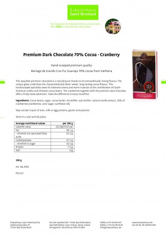 Krauterhaus Sanct Bernhardt Premium dark Chocolate 70% Cocoa · Cranberry, 100 г