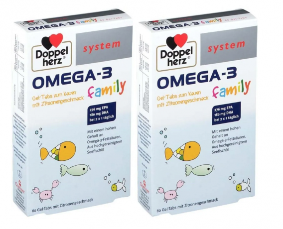 Doppelherz system OMEGA-3 Gel-Tabs family Zitrone, 60st х 2 packs, Омега-3 из морской рыбы + витамин D, жевательные мармеладки со вкусом лимона для детей от 4-х лет и взрослых, 60 шт x 2 упаковки