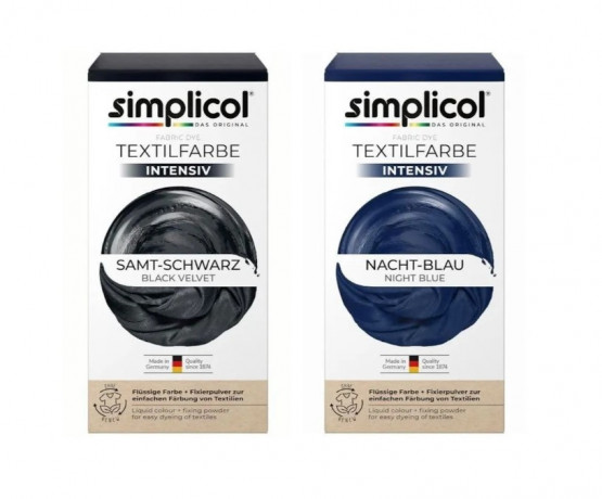 Набор красок 2 уп Simplicol Samt-Schwarz + Nacht-Blau: Краска для ткани чёрная Samt-Schwarz и синяя Nacht-Blau интенсивная, жидкая, для стиральной машины, 300 мл + фиксатор 800 г