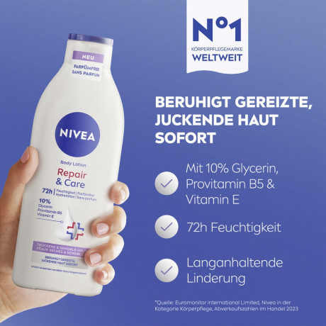 NIVEA Body Lotion Repair & Care Parfumfrei, 400 ml, Нивеа Лосьон для тела без парфюма, 10% глицерин, провитамин B5 и ниацинамид, для сухой и чувствительной кожи, 72ч увлажнение, 400 мл