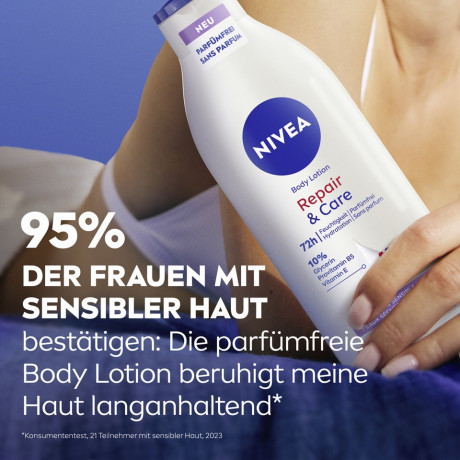 NIVEA Body Lotion Repair & Care Parfumfrei, 400 ml, Нивеа Лосьон для тела без парфюма, 10% глицерин, провитамин B5 и ниацинамид, для сухой и чувствительной кожи, 72ч увлажнение, 400 мл