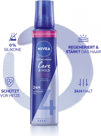 NIVEA Care & Hold Styling Mousse, 150 ml, Нивеа Мусс для укладки волос, пантенол и витамин B3, до 24ч фиксация, термозащита, 150 мл