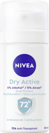 NIVEA Dry Active Anti-Transpirant Spray, 35 ml, Нивеа Антиперспирант спрей, Dual Protect, 72ч сухость и комфорт, дорожный формат, 35 мл