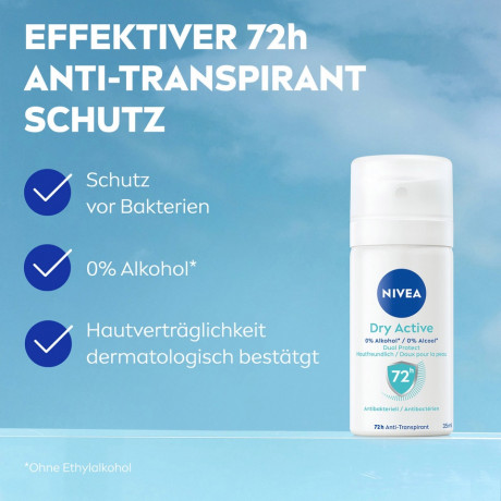 NIVEA Dry Active Anti-Transpirant Spray, 35 ml, Нивеа Антиперспирант спрей, Dual Protect, 72ч сухость и комфорт, дорожный формат, 35 мл