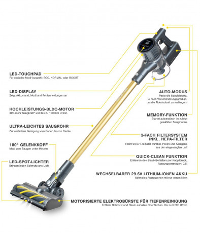 Genius Genius Akku-Stielstaubsauger INVICTUS X8 PRO Akkustaubsauger Set 12-tlg. Handstaubsauger, beutellos HEPA Filter, 400 Watt Wechselbarer Akku Беспроводной пылесос Genius INVICTUS X8 PRO Беспроводной пылесос, набор из 12 предметов. Ручной пылесос, HE