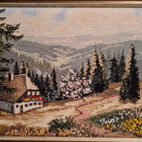 Картина винтажная "Домик в Шварцвальде", гобелен, 97 x 55 см, Германия, 1960-70гг.