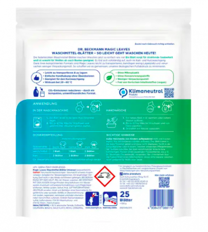 Dr. Beckmann Magic Leaves Waschmittelblatter Universal Fruhlingsfrisch 5Stk (125pcs), Листы для стирки универсальные для белого и цветного белья со свежим ароматом, 5 упаковок по 25 шт (125шт)