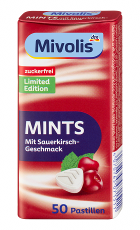 Mivolis Mints Sauerkirsche, 35 g, Освежающие пастилки Mints со вкусом кислой вишни без сахара, 35 г