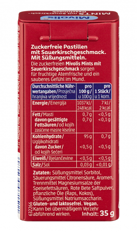 Mivolis Mints Sauerkirsche, 35 g, Освежающие пастилки Mints со вкусом кислой вишни без сахара, 35 г