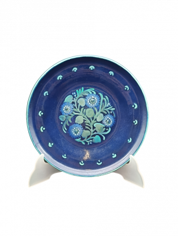 Тарелка декоративная винтажная в итальянском стиле, с синими цветами, сине-бирюзовые тона, керамика, 20.5 см, Германия, 1970-80гг.