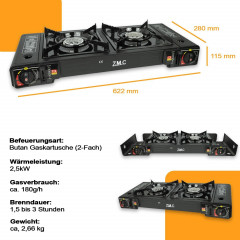 ZMC ZMC Gaskocher 2in1 Campingkocher mit Grillplatte 2 Flammig + 12x Gaskartuschen 227g, (mit Piezozundung Grill Platte Tischgrill Doppel Gasbrenner Gasgrill Kochfeld mit LPG Anschluss Warmeleistung: 2,3KW), Outdoor Camping Gas Kocher Butan Gas Gaskocher 