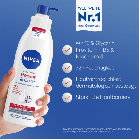 NIVEA Body Lotion Repair & Care, 250 ml, Нивеа Лосьон для тела, 10% глицерин, провитамин B5 и ниацинамид, для очень сухой кожи, 72ч увлажнение, 250 мл
