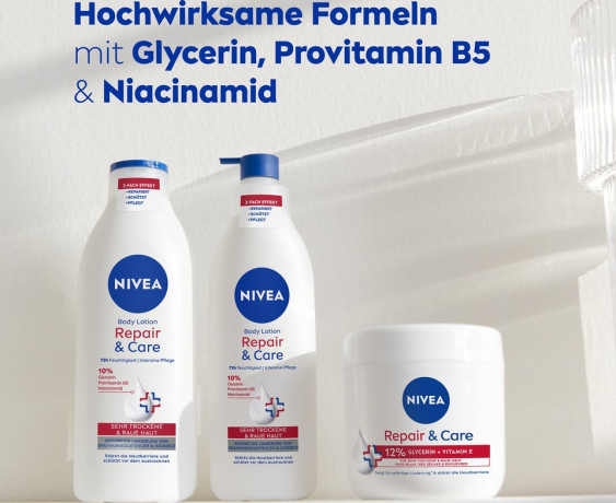 NIVEA Body Lotion Repair & Care, 250 ml, Нивеа Лосьон для тела, 10% глицерин, провитамин B5 и ниацинамид, для очень сухой кожи, 72ч увлажнение, 250 мл