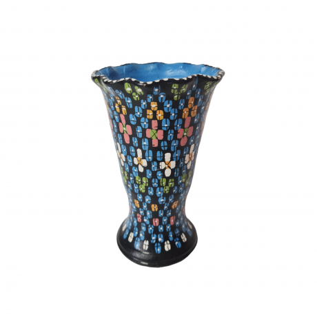 Ваза винтажная Agadir Marokko, черная керамика с красочным цветочным декором, 15,5 x 9,5 см, Марокко, 1960-70гг.