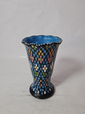 Ваза винтажная Agadir Marokko, черная керамика с красочным цветочным декором, 15,5 x 9,5 см, Марокко, 1960-70гг.