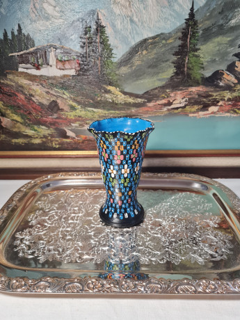 Ваза винтажная Agadir Marokko, черная керамика с красочным цветочным декором, 15,5 x 9,5 см, Марокко, 1960-70гг.