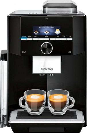 SIEMENS SIEMENS Kaffeevollautomat EQ.9 s300 TI923509DE, schwarz/Edelstahl, extra leise, autom. Milchsystem-Reinigung, bis zu 6 Profile  Плностью автоматическая кофемашина SIEMENS EQ.9 s300 TI923509DE, черный/нержавеющая сталь, особо тихая, автоматическая.