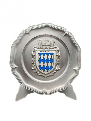 Тарелка декоративная винтажная "Герб города Бреттен" / Серия "Геральдика", яркий декор, олово (95%), 23 см, Германия, 1970-80гг.