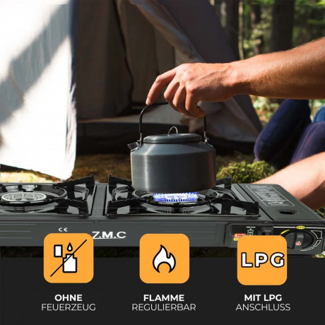 ZMC ZMC Gaskocher ZMC Campingkocher 2 flammig Outdoor Camping Gas Kocher Grillplatte +, (mit automatische Piezo-Zundung), Outdoor Gas Campingkocher 2Fach Gasherd Ofen Butan Kochfeld Gas Kocher  Газовая плита ZMC Походная газовая плита ZMC с 2 пламенем газ