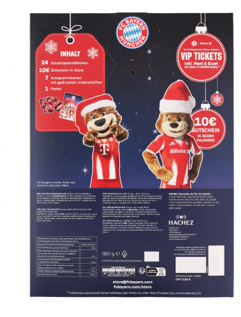 FC Bayern Schoko Adventskalender 180g, Адвент-календарь 2025 ФК Бавария, 24 сладких сюрприза, 43см х 31см, 180 грамм