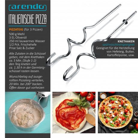 Arendo Arendo Handmixer, 400 W, inkl. 2 x Quirle und 2 x Knethaken aus Edelstahl weiss/silber Ручной миксер Arendo, 400 Вт, включая 2 венчика и 2 крюка для теста из нержавеющей стали