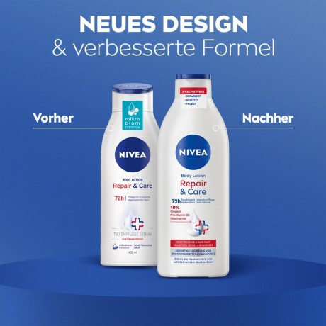 NIVEA Body Lotion Repair & Care, 400 ml, Нивеа Лосьон для тела, 10% глицерин, провитамин B5 и ниацинамид, для очень сухой кожи, 72ч увлажнение, 400 мл