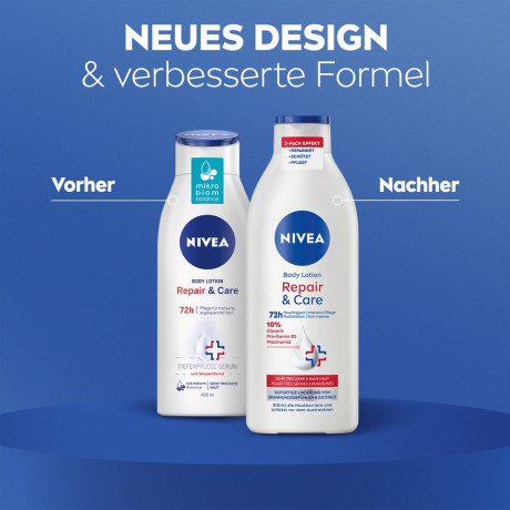 NIVEA Body Lotion Repair & Care, 400 ml, Нивеа Лосьон для тела, 10% глицерин, провитамин B5 и ниацинамид, для очень сухой кожи, 72ч увлажнение, 400 мл