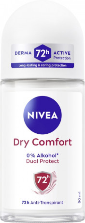 NIVEA Dry Comfort Anti-Transpirant Roll-On, 50 ml, Нивеа Антиперспирант ролик, Dual Protect, 0% спирта, 72ч сухость, 50 мл