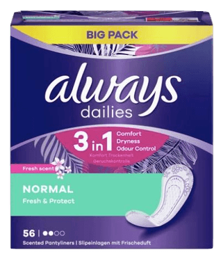 always Slipeinlage Fresh&Protect Normal mit Frischeduft BigPack 56 St, Прокладки Ежедневные Normal с ароматом свежести 56 штук, 3 упаковки (168 штук)
