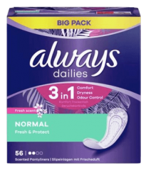 always Slipeinlage Fresh&amp;Protect Normal mit Frischeduft BigPack 56 St, Прокладки Ежедневные Normal с ароматом свежести 56 штук, 3 упаковки (168 штук)